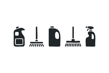 Fototapeta premium Cleaning supplies icons including bottles and brooms