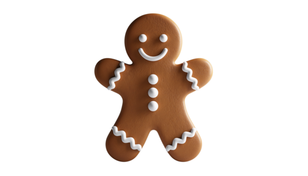 Isolated Gingerbread Man Cookie, Cute Festive Christmas Dessert with Icing Decoration, Traditional Holiday Baked Sweet Treat, Cartoon Character Icon on Transparent Background - Powered by Adobe