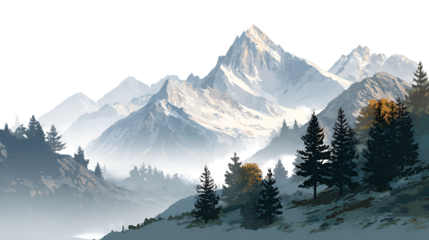 Majestic snow capped mountain peaks rise above a dark forest under a black sky