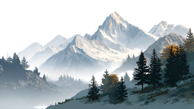 Majestic snow capped mountain peaks rise above a dark forest under a black sky