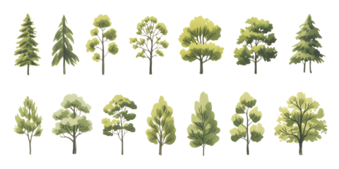 Assortment of watercolor style trees with green foliage on a black background nature