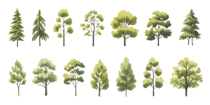 Assortment of watercolor style trees with green foliage on a black background nature