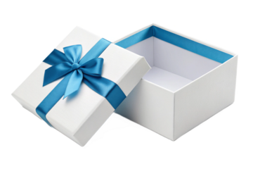 Open white gift box with a blue ribbon bow. Empty present box for surprise 