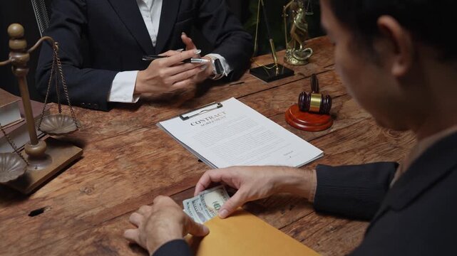 Businessman bribing a corrupt female lawyer in her office