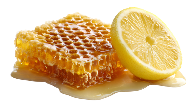 Golden honeycomb dripping with sweet honey next to a fresh lemon slice on a dark background