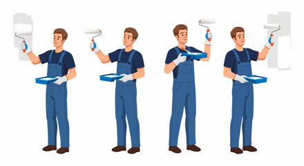 Set of a male painter in blue overalls and gloves, holding a paint roller and tray in four different poses while painting a wall.