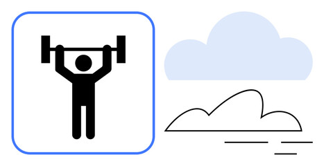 Stick figure lifting barbell emphasizes strength and fitness near abstract cloud and breeze lines. Ideal for health, wellness, gym, outdoor activity, motivation, perseverance, or energy in simple