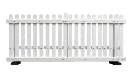Classic white picket fence section against a solid black background