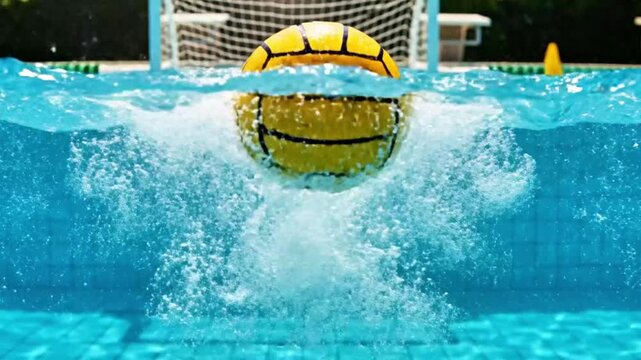 Water polo ball splashing in pool close-up.
