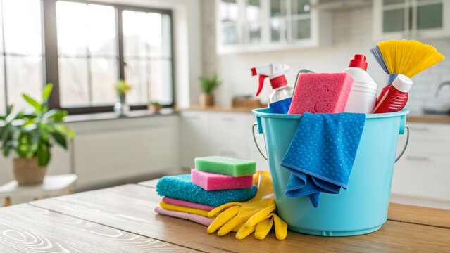 Bucket with cleaning items on wooden table and blurry modern kitchen background. Washing set colorful with copy space banner.