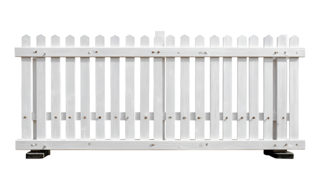 Classic white picket fence section against a solid black background