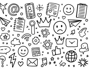White line art doodles of social media icons, symbols, and objects on black graphic design