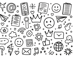 White line art doodles of social media icons, symbols, and objects on black graphic design