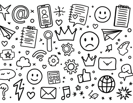 White line art doodles of social media icons, symbols, and objects on black graphic design