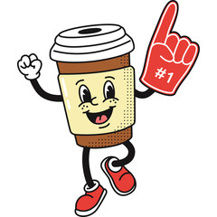 Anthropomorphic Coffee Cup Character with Red Foam Finger Number One Hand and White Background
