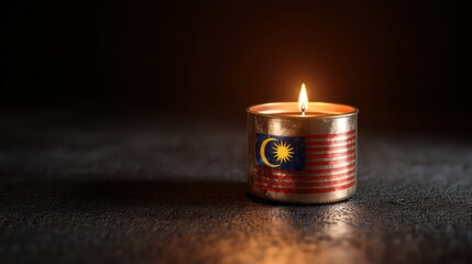 A glowing candle flame reflected inside a polished metal holder etched with Malaysia flag warm lighting balanced against