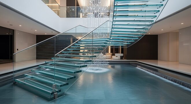 Modern glass staircase over water feature in a luxurious contemporary home