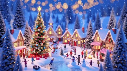 Miniature snowy winter village with tiny people celebrating Christmas Eve under falling snow. - Powered by Adobe