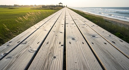 Wooden boardwalk stretches toward the ocean on a sunny day at the beach