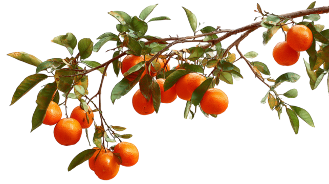 Ripe persimmons hang from a leafy branch against a dark background showcasing their vibrant orange color