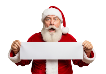 Surprised Santa Claus holding a blank sign for your holiday message, ready to spread Christmas cheer and festive joy, perfect for seasonal promotions and heartfelt greetings