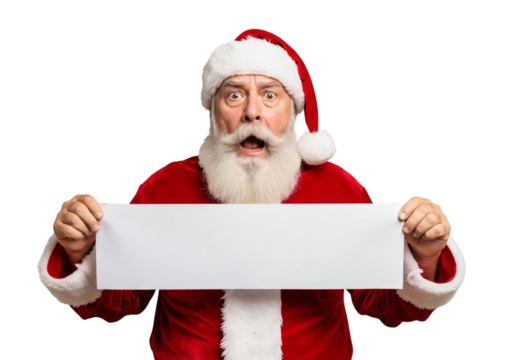 Surprised Santa Claus holding a blank sign for your holiday message, ready to spread Christmas cheer and festive joy, perfect for seasonal promotions and heartfelt greetings