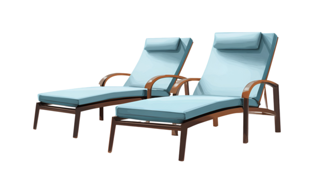 Two comfortable light blue chaise lounge chairs with wooden frames and adjustable headrests on a black background