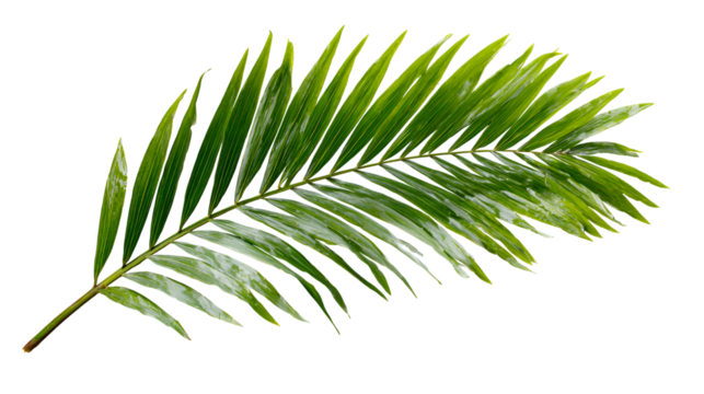 Vibrant green palm frond with delicate leaves against a stark black background - Powered by Adobe
