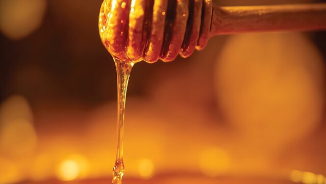 Honey dripping from a wooden honey dipper against a warm golden background - Powered by Adobe
