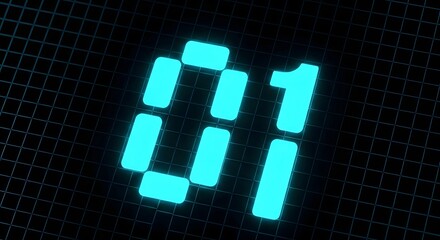 Glowing digital display of the binary code number 01 on a dark background, representing technology and data transfer