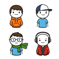 Four colorful cartoon characters in different attire and hats, representing a variety of styles and expressions.