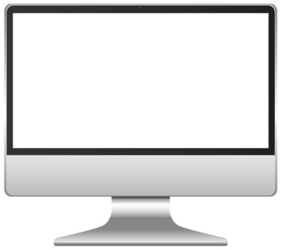 Modern silver all in one computer monitor with a blank white screen on a Transparent PNG background for digital design and technology concepts