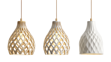 Three decorative pendant lights with woven natural material and ceramic shades hanging against a black background