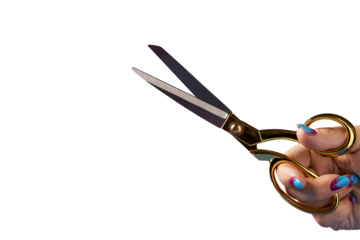 Close up of a hand holding ornate gold handled scissors against a stark Transparent PNG background with vibrant nail polish
