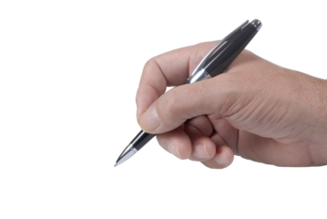 Close up of a person s hand holding a silver pen and writing against a stark Transparent PNG background symbolizing creativity and documentation