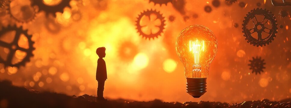 kid with light bulb burning wide background concept of child invention, future scientist, stem education