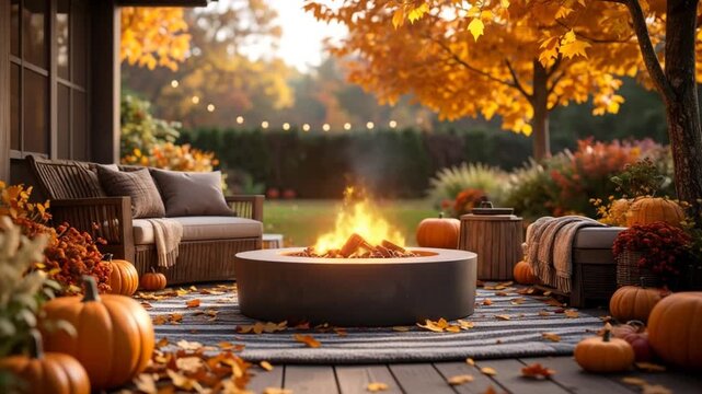 A cozy outdoor scene with a fire pit, pumpkins, and fall foliage, creating a warm autumn ambiance