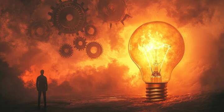 man with gears and lighting bulb glowing wide background concept of human ingenuity