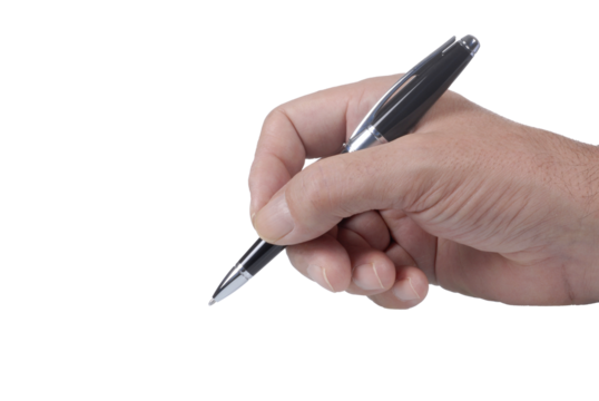 Close up of a person s hand holding a silver pen and writing against a stark Transparent PNG background symbolizing creativity and documentation
