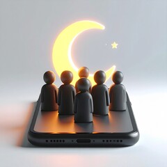 Ramadan Kareem Online Gathering: 3D Rendering of People on a Phone with Crescent Moon