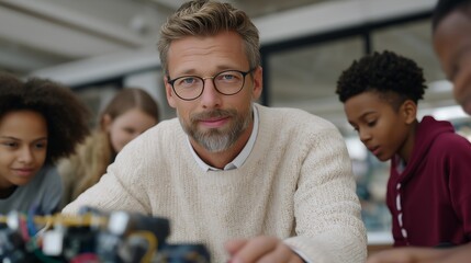 Veteran mentoring a diverse group of students in a STEM robotics classroom, explaining circuitry while guiding them through hands-on experiments — concept of leadership, intergenerational