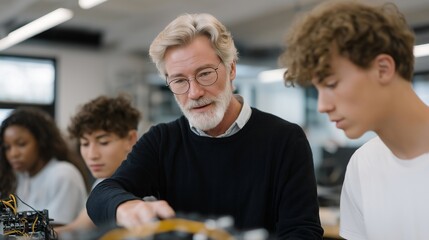 Veteran mentoring a diverse group of students in a STEM robotics classroom, explaining circuitry while guiding them through hands-on experiments — concept of leadership, intergenerational