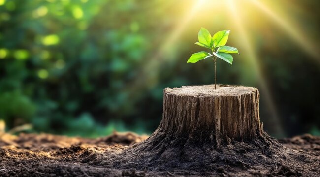 small tree grows from the stump concept of sustainability