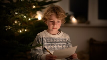 Child sitting near a small glowing Christmas tree in a shelter dormitory, writing a hopeful letter to Santa — a tender visual story of faith, innocence, and resilience during the most magical time
