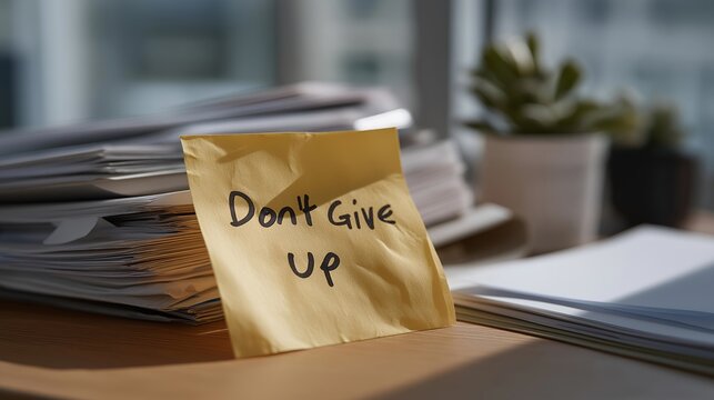 Close-up of messy office desk with bright yellow sticky note saying “Don’t Give Up” — representing mental health awareness, positive self-talk, and productivity inspiration in the workplace.