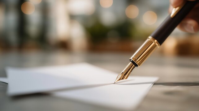 Close-up of pen tip hovering over pristine paper with soft natural light — representing personal growth, productivity planning, and inspirational lifestyle imagery for educational or social - Powered by Adobe