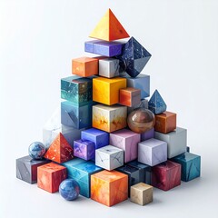 Abstract Geometric Composition of Marble Textured Shapes on White Background