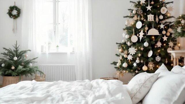 Cozy Christmas Bedroom with Decorated Trees and White Bedding.