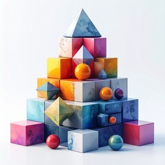 Abstract Geometric Composition with Colorful Cubes, Spheres, and Pyramids on White Background