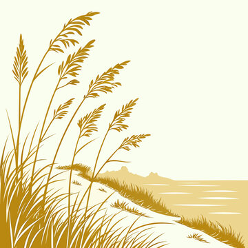 Golden beach grass sways gently in the wind against a backdrop of calm ocean and distant hills